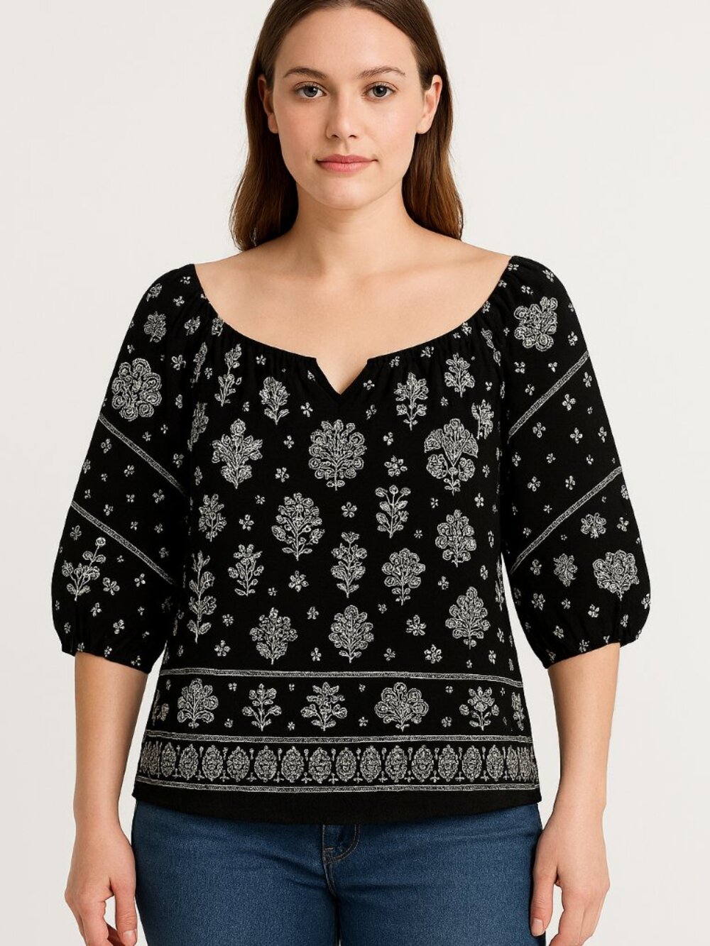 John Paul Richard -Black & White Boho Floral Blouse – Size Medium